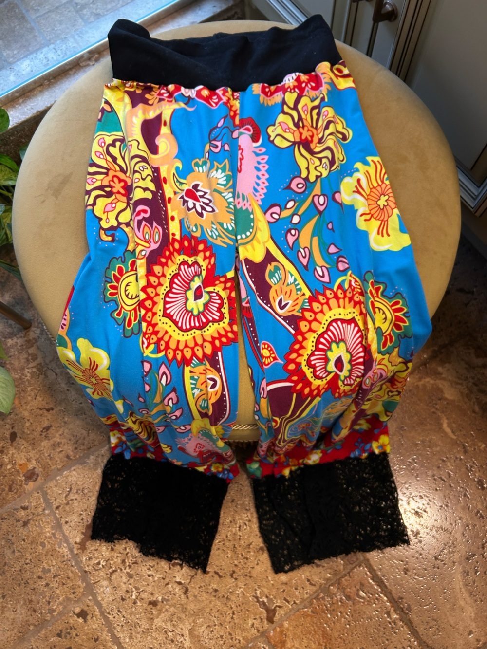 Bright Floral Lounge Pants with Lace Cuffs